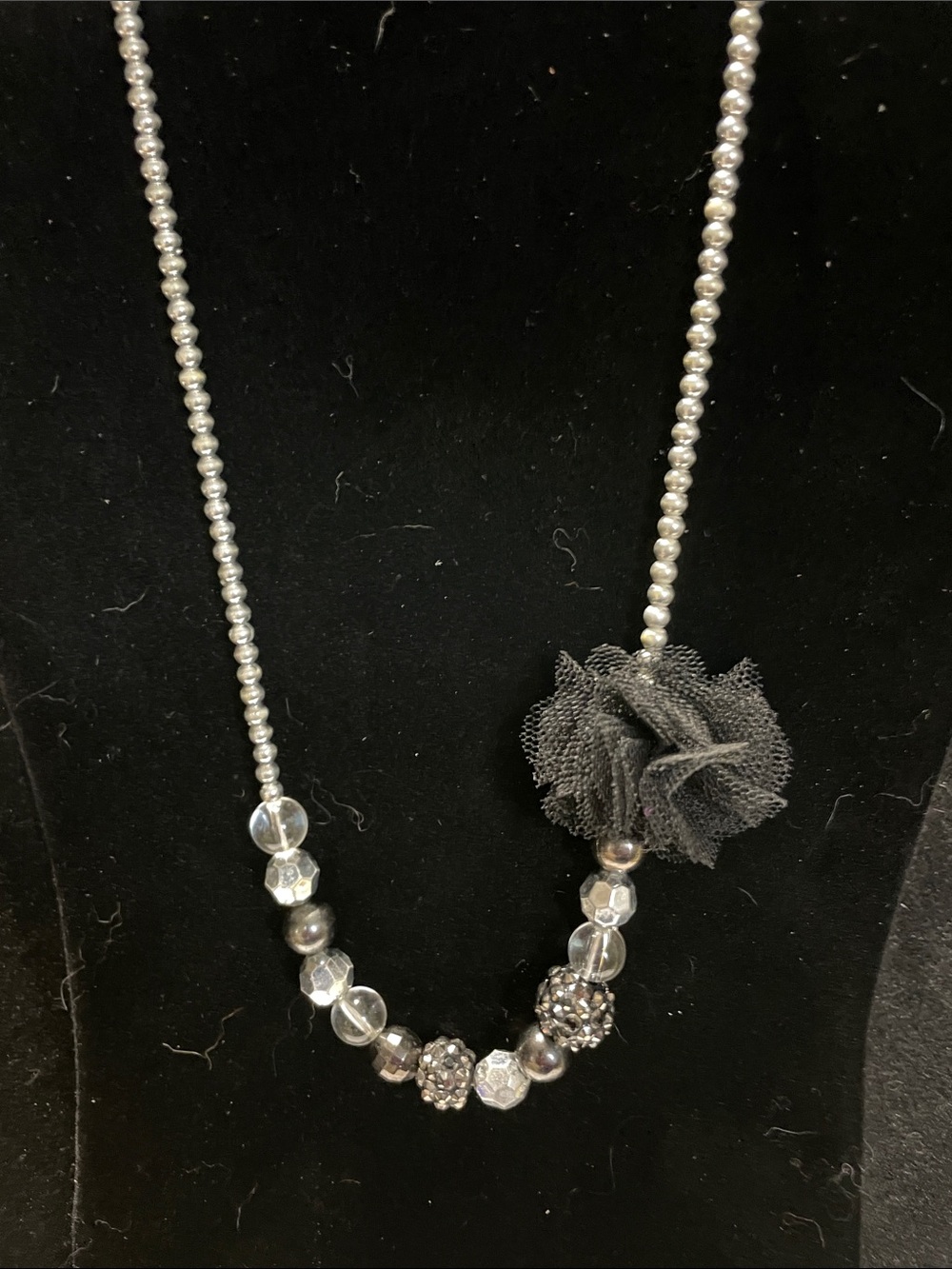 Silver-Tone Beaded Necklace with Black Fabric Flower. M’s